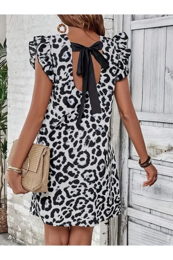 Kadın Kısa Kollu Kolları Fırfır Detay Arkası Bağlamalı Leopar Desen Kolsuz Mini Mikro Elbise , 26133